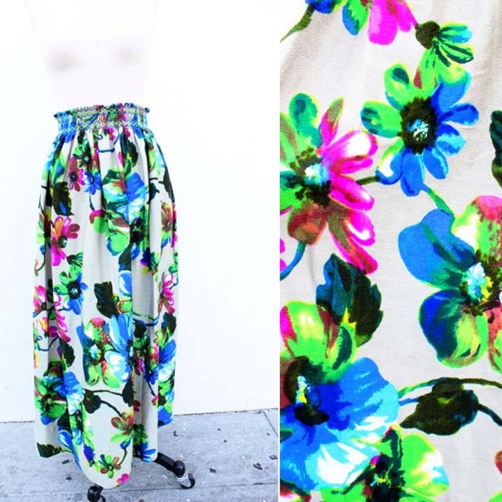 Vtg 60s Hawaiian Floral Beige Maxi Skirt Cover Up